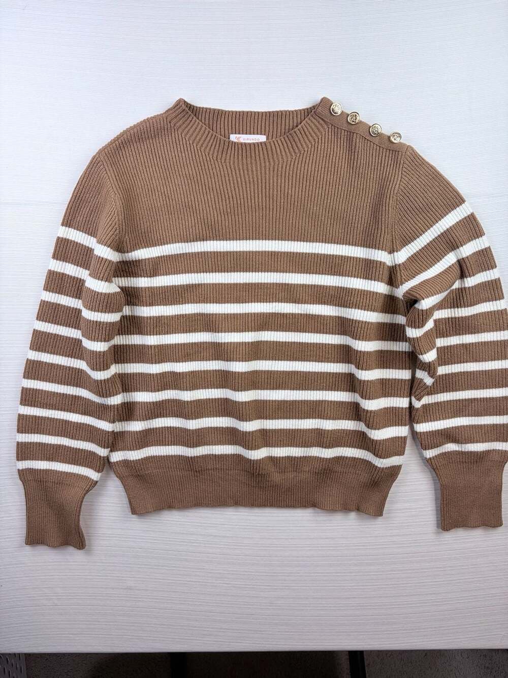 Kirundo Striped Rib-Knit Sweater Size XL Brown White Button Shoulder grannycore